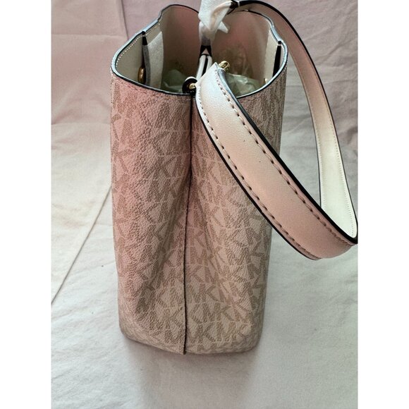 Michael Kors Pratt Medium Bucket Shoulder Bag Pale‎ Gold Leather Logo Stripe - Picture 5 of 7